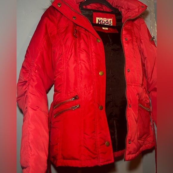 VINTAGE Mudd Red Puffer Jacket with Detachable Faux Fur Hood, Y2K, medium - Picture 7 of 11
